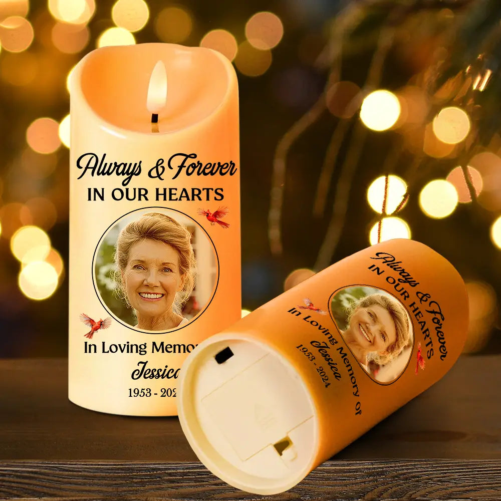 Family, Parents, Gift For Grandparents, Gift For Sibling, Memorial - Custom Photo Always And Forever In Our Heart Memorial - Personalized Flameless LED Candle