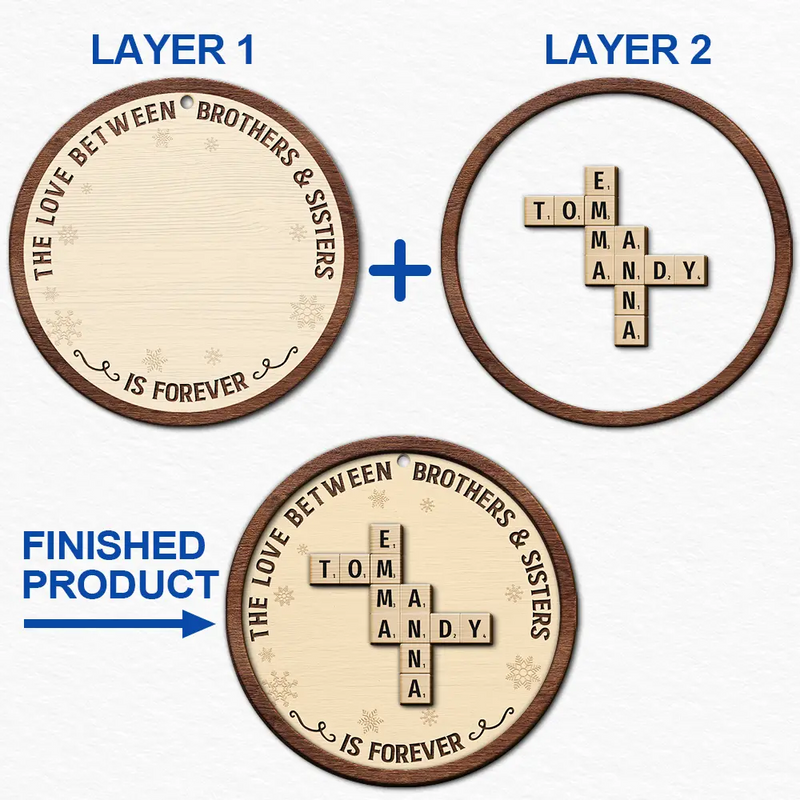 Christmas,Family,Gift For Sibling,Gift For Sisters,Gift For Brothers,Happy - The Love Between Brothers And Sisters Is Forever Crossword Scrabble - Personalized 2-Layered Wooden Ornament