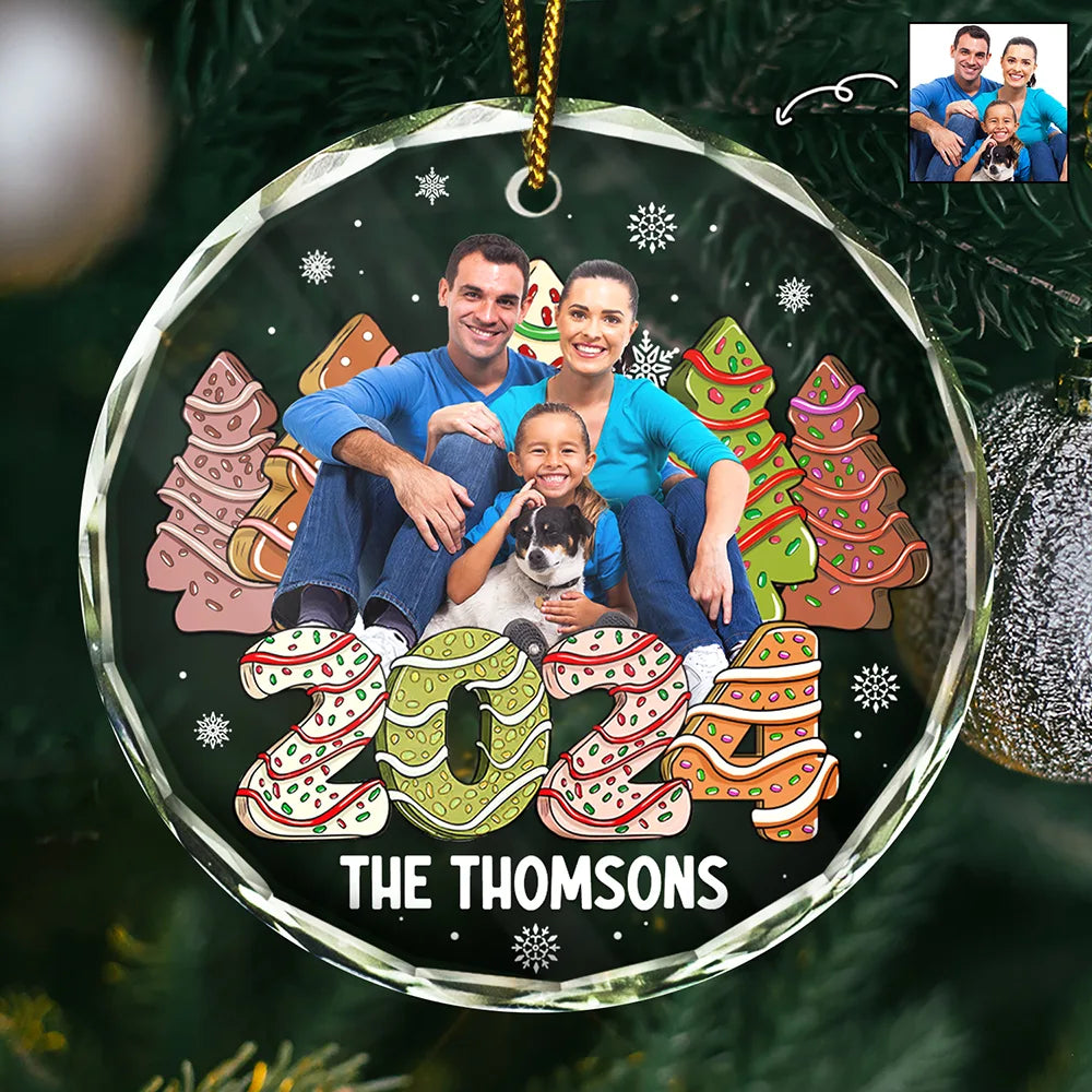 Family - Custom Photo Family 2024 Cake, Cookie Trees Christmas - Personalized Circle Glass Ornament