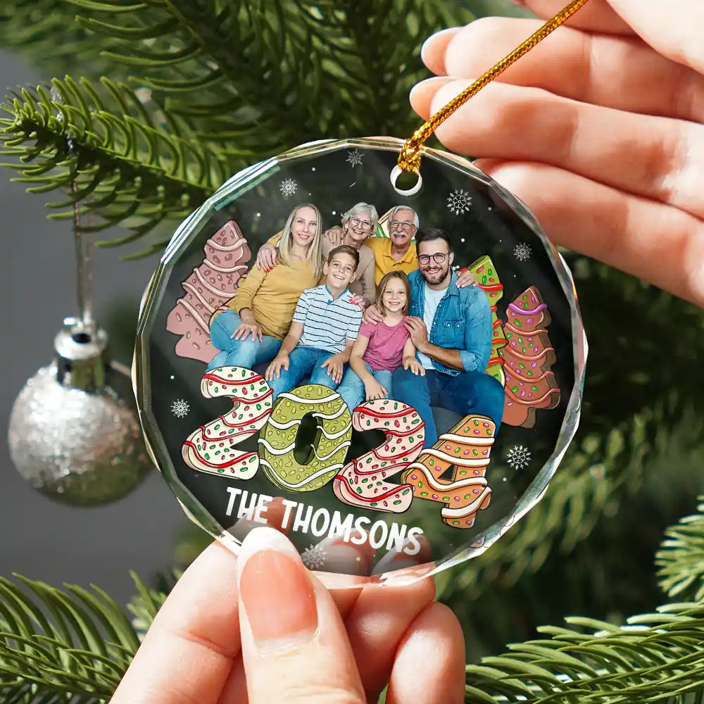Family - Custom Photo Family 2024 Cake, Cookie Trees Christmas - Personalized Circle Glass Ornament