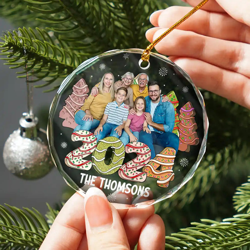 Family - Custom Photo Family 2024 Cake, Cookie Trees Christmas - Personalized Circle Glass Ornament