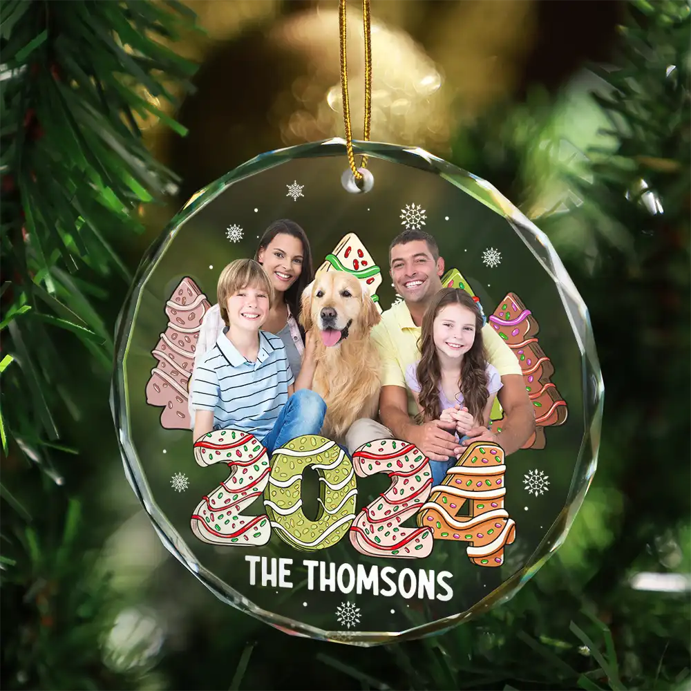 Family - Custom Photo Family 2024 Cake, Cookie Trees Christmas - Personalized Circle Glass Ornament