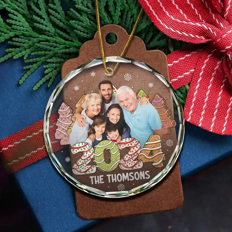 Family - Custom Photo Family 2024 Cake, Cookie Trees Christmas - Personalized Circle Glass Ornament