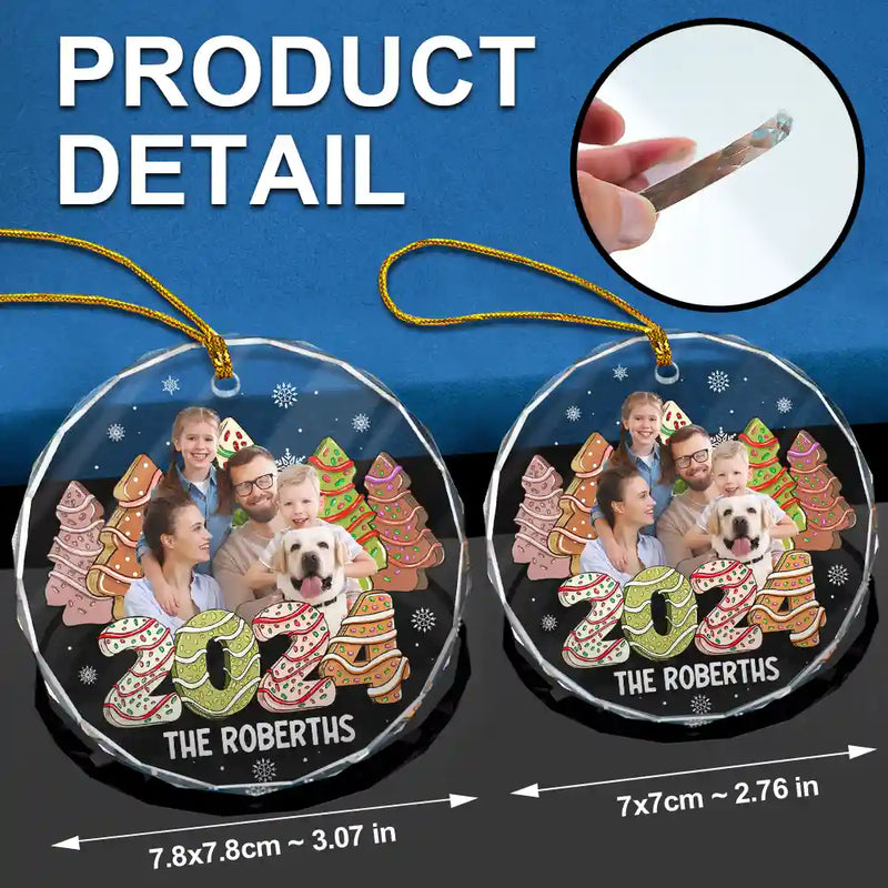 Family - Custom Photo Family 2024 Cake, Cookie Trees Christmas - Personalized Circle Glass Ornament
