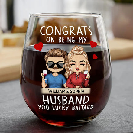 Félicitations pour être devenu mon mari Chibi Couples - Verre à vin sans pied personnalisé 