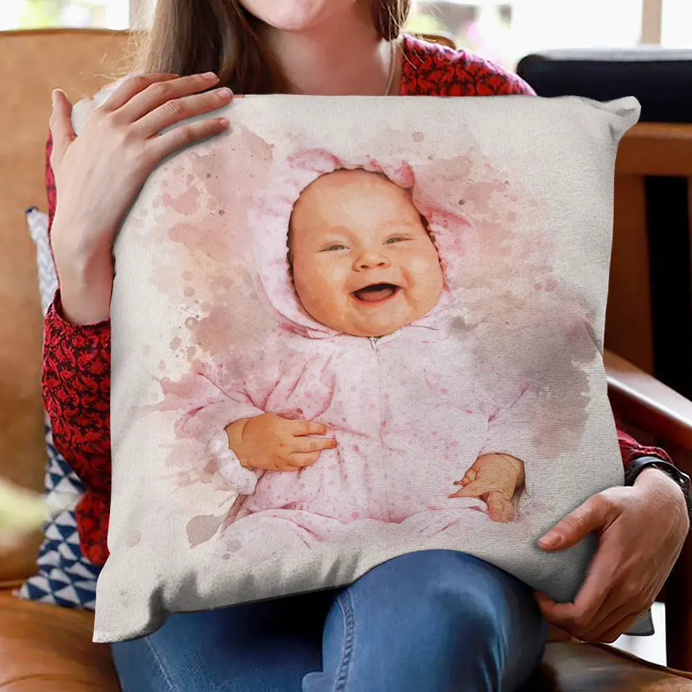 Happy,Gift For Mother,Family,Gift For Father,Gift For Sibling,Parents,Gift For Grandparents - Custom Photo Watercolor Portrait Mom Dad Family Couple - Personalized Pillow