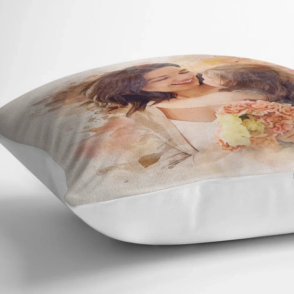 Happy,Gift For Mother,Family,Gift For Father,Gift For Sibling,Parents,Gift For Grandparents - Custom Photo Watercolor Portrait Mom Dad Family Couple - Personalized Pillow