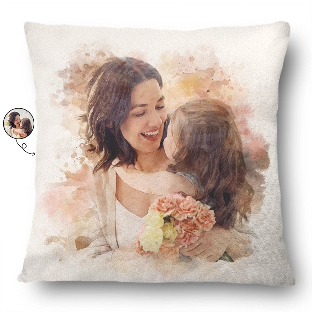 Happy,Gift For Mother,Family,Gift For Father,Gift For Sibling,Parents,Gift For Grandparents - Custom Photo Watercolor Portrait Mom Dad Family Couple - Personalized Pillow