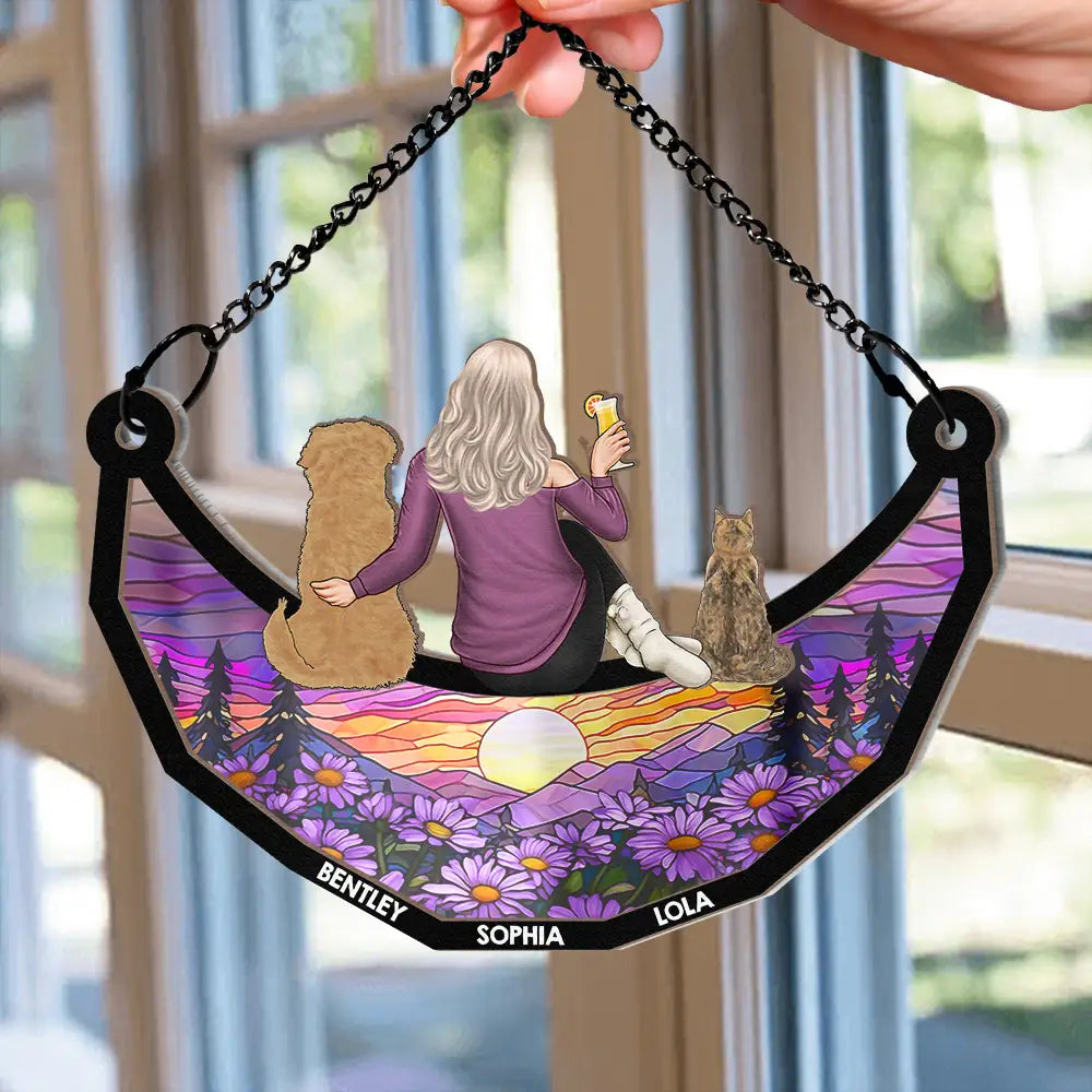 Pet Lovers, Dog Lovers, Cat Lovers, Dog Dad, Dog Mom, Cat Dad - Dog Mom Cat Mom Dog Dad Cat Dad - Personalized Window Hanging Suncatcher Ornament
