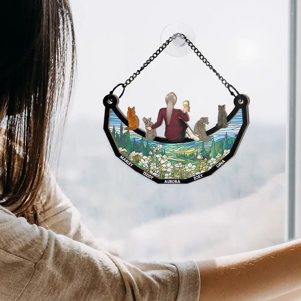 Pet Lovers, Dog Lovers, Cat Lovers, Dog Dad, Dog Mom, Cat Dad - Dog Mom Cat Mom Dog Dad Cat Dad - Personalized Window Hanging Suncatcher Ornament

