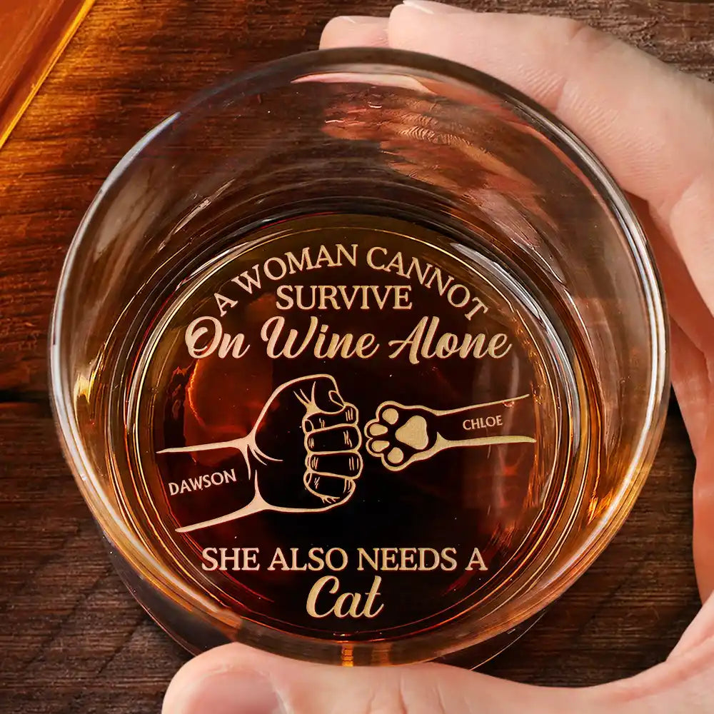 Dog Lovers, Dog Dad, Pet Lovers, Cat Lovers - A Man Cannot Survive On Wine Alone He Also Needs A Dog Cat - Personalized Engraved Whiskey Glass
