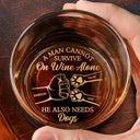 Dog Lovers, Dog Dad, Pet Lovers, Cat Lovers - A Man Cannot Survive On Wine Alone He Also Needs A Dog Cat - Personalized Engraved Whiskey Glass
