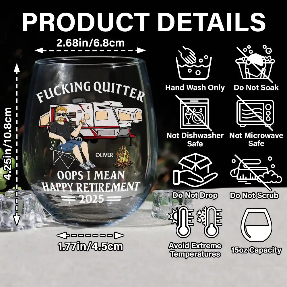 Funny,Retirement,Gift For Grandparents,Parents,Gift For Yourself,Gift For Men,Gift For Women,Gifts For Colleagues,Camping - Oops I Mean Happy Retirement - Personalized Stemless Wine Glass