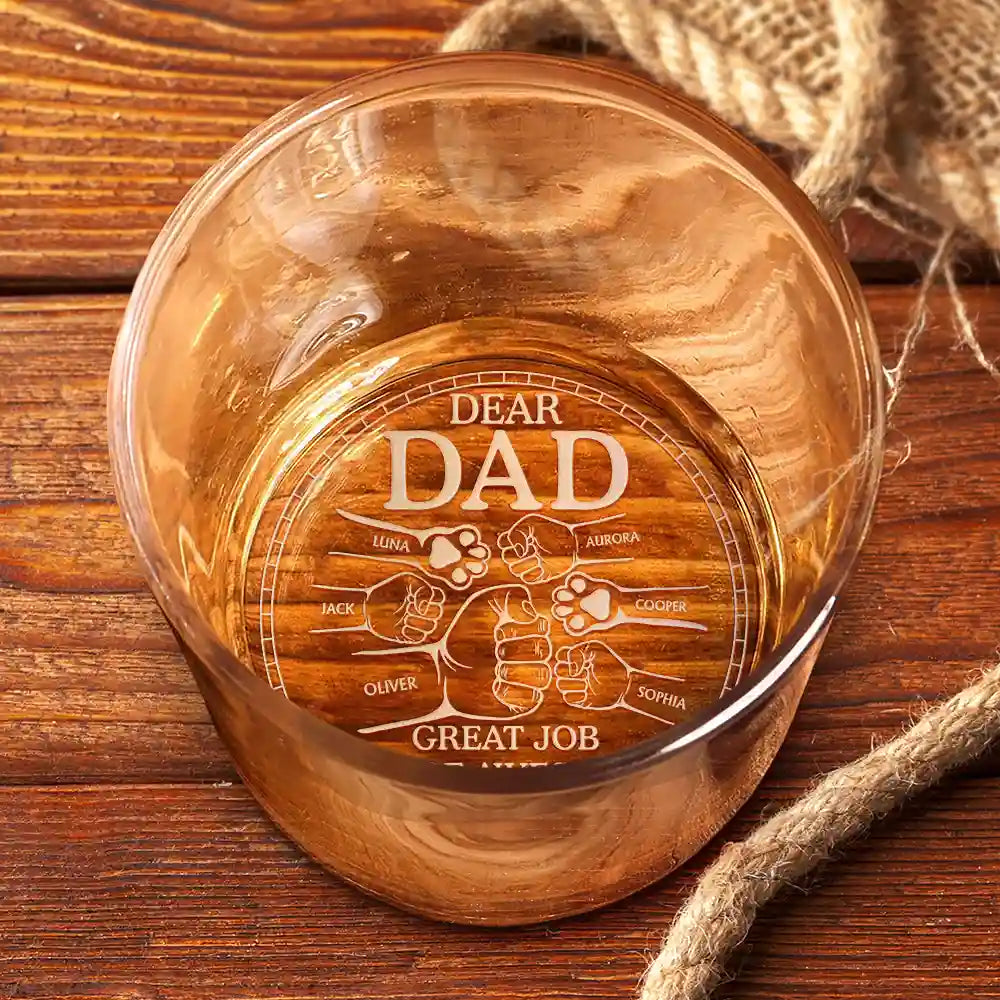 Gift For Father,Dad - Children,Gift For Husband,Funny - Dear Dad Great Job We're Awesome Thank You Pet And Children Hand Punch - Personalized Engraved Whiskey Glass