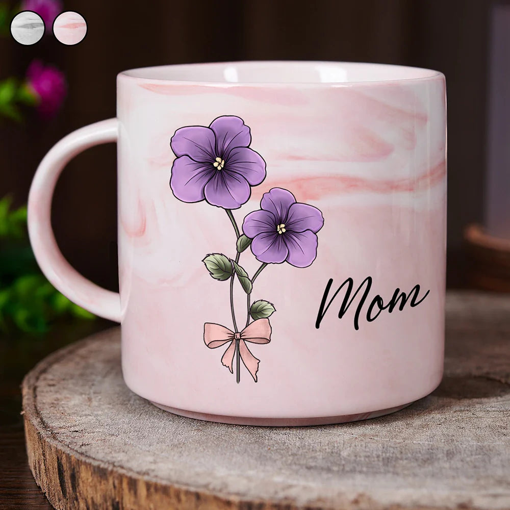 Tasse en marbre personnalisée avec fleurs de naissance pour maman, grand-mère et grand-mère