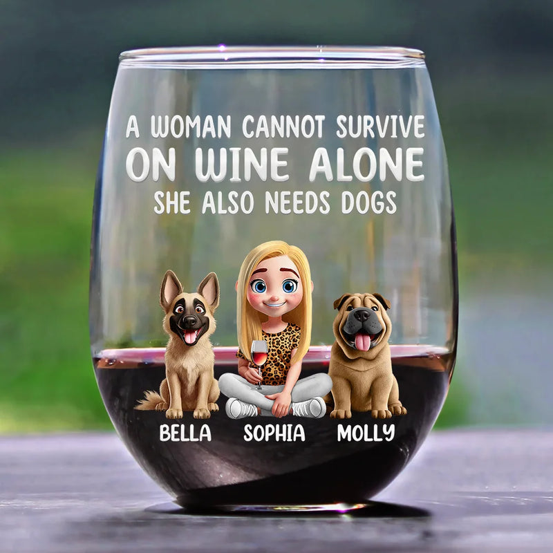 Dog Lovers, Dog Dad, Pet Lovers, Dog Mom - A Woman Cannot Survive On Wine Alone Dog Mom 3D Effect - Personalized Stemless Wine Glass
