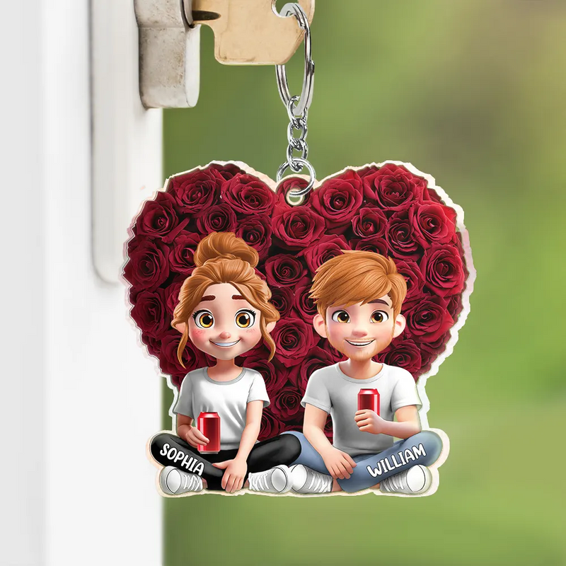 Gift For Couples,Gift For Husband,Gift For Wife,Gift For Boyfriend,Love - Couple Rose Heart - Personalized Acrylic Keychain