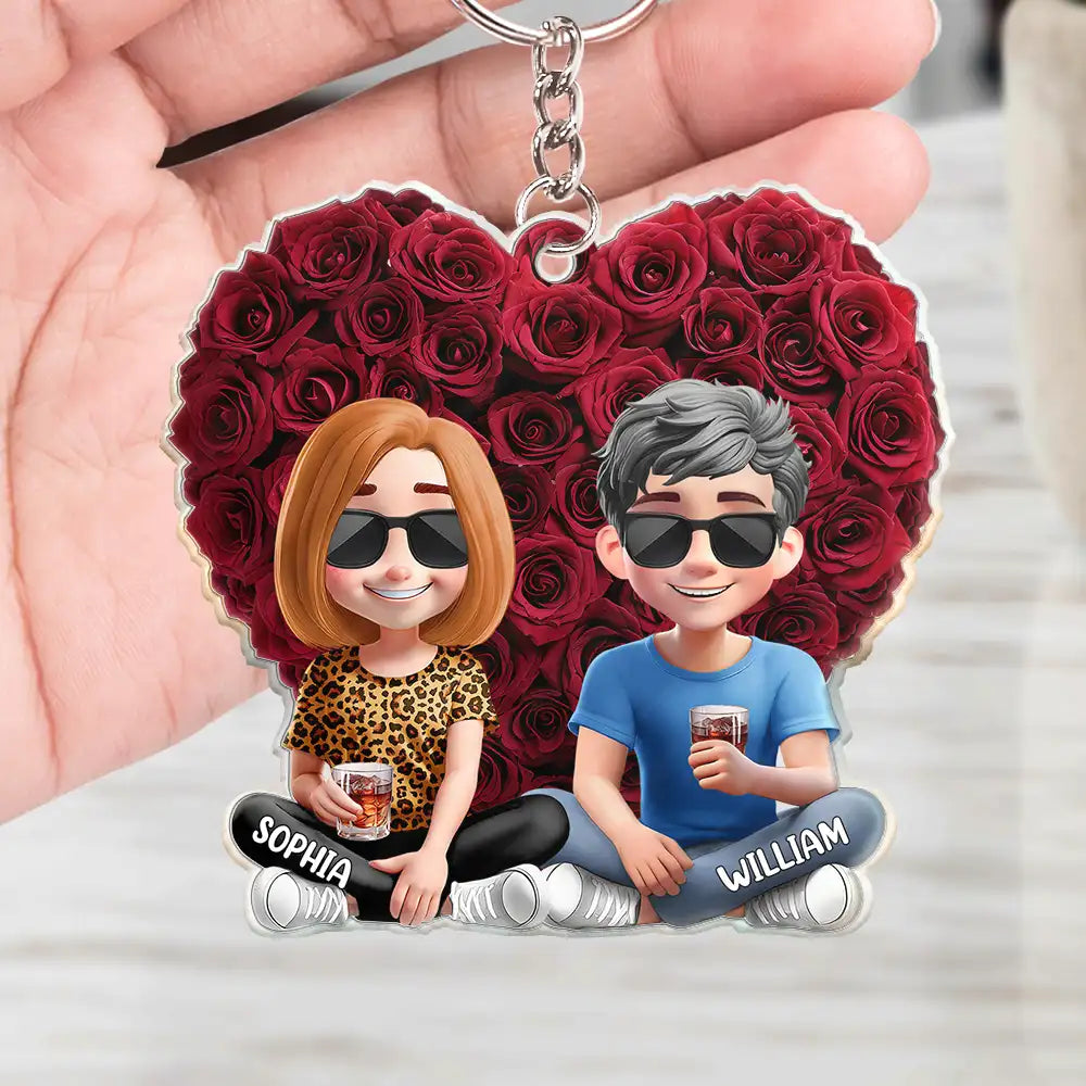 Gift For Couples,Gift For Husband,Gift For Wife,Gift For Boyfriend,Love - Couple Rose Heart - Personalized Acrylic Keychain