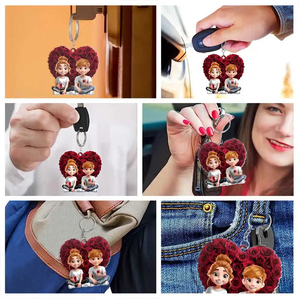 Gift For Couples,Gift For Husband,Gift For Wife,Gift For Boyfriend,Love - Couple Rose Heart - Personalized Acrylic Keychain