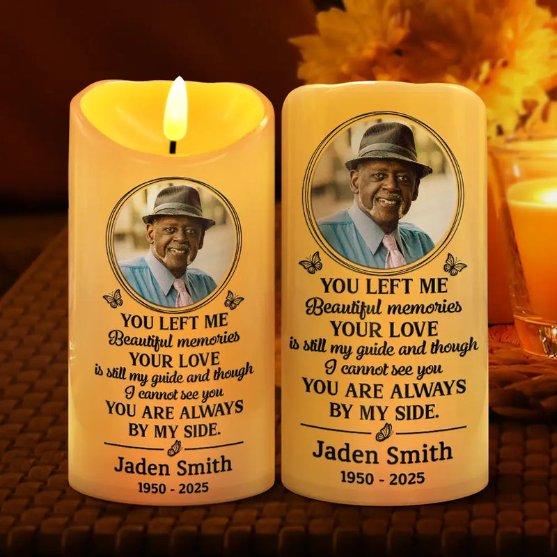 Sad,Memorial,Family,Gift For Grandparents,Parents,Gift For Sibling - Custom Photo You Left Me Beautiful Memories Memorial - Personalized Flameless LED Candle