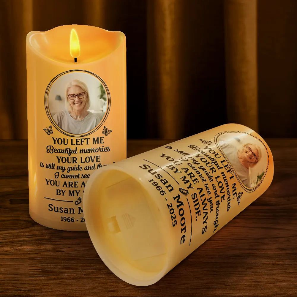 Sad,Memorial,Family,Gift For Grandparents,Parents,Gift For Sibling - Custom Photo You Left Me Beautiful Memories Memorial - Personalized Flameless LED Candle