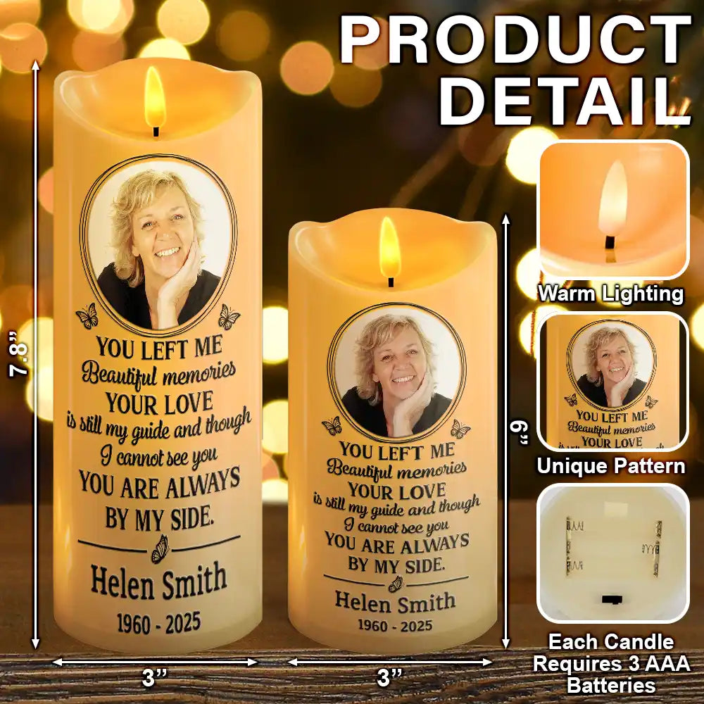 Sad,Memorial,Family,Gift For Grandparents,Parents,Gift For Sibling - Custom Photo You Left Me Beautiful Memories Memorial - Personalized Flameless LED Candle