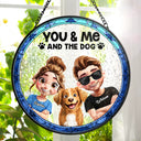 Happy,Dog Lovers,Pet Lovers,Dog Couple,Gift For Couples - You & Me & The Dogs Couple - Personalized Stained Glass Window Hanging Suncatcher
