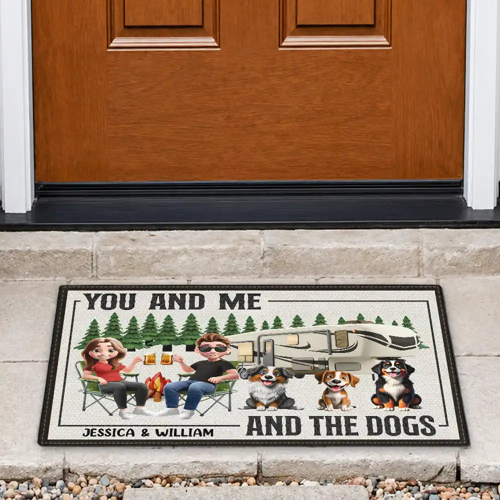 You And Me And The Dogs Camping Cartoon - Personalized Doormat