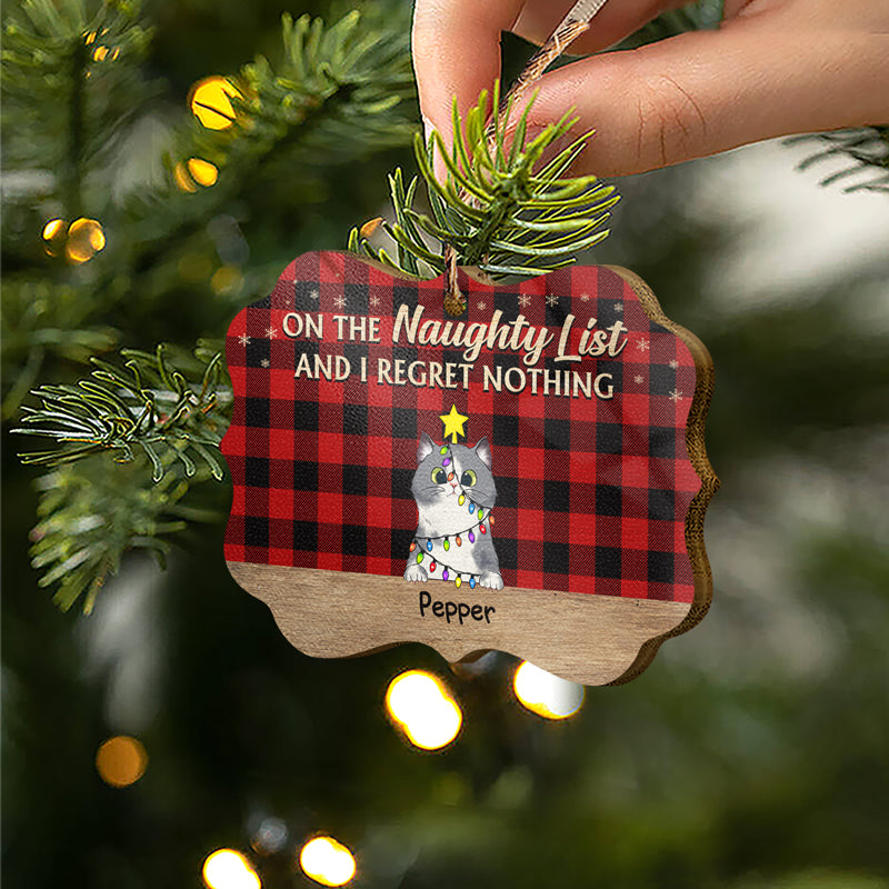On The Naughty List Flannel Christmas Cat - Christmas Gift For Cat Lovers - Personalized Custom Wooden Ornament