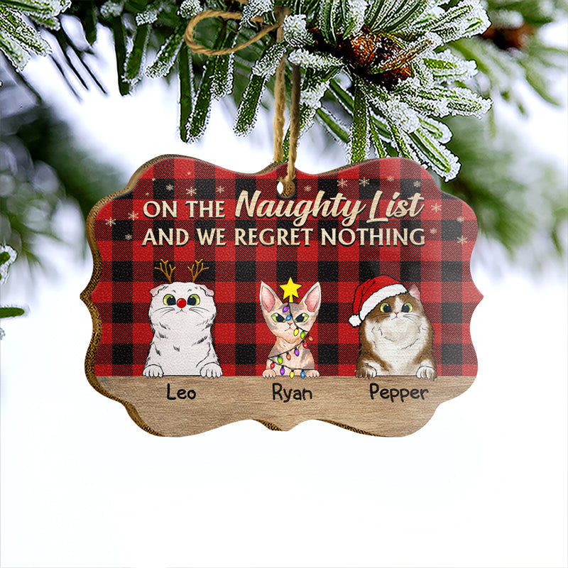 On The Naughty List Flannel Christmas Cat - Christmas Gift For Cat Lovers - Personalized Custom Wooden Ornament