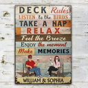 Deck Rules Listen To The Birds Husband Wife Couple - Backyard Sign - Personalized Custom Classic Metal Signs