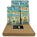 Pool Rules Swim At Your Own Risk Grilling Couple Husband Wife Vintage - Backyard Sign - Personalized Custom Classic Metal Signs