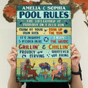 Pool Rules Swim At Your Own Risk Grilling Couple Husband Wife Vintage - Backyard Sign - Personalized Custom Classic Metal Signs