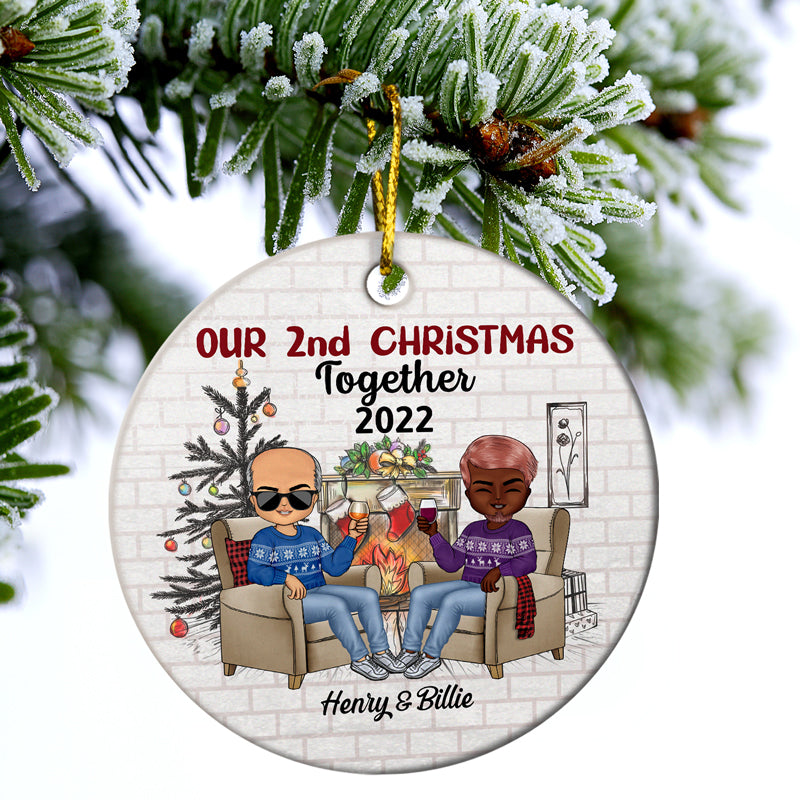 Our First Christmas Mr And Mrs Chibi - Christmas Gift For Couples - Personalized Custom Circle Ceramic Ornament