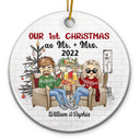Our First Christmas Mr And Mrs Chibi - Christmas Gift For Couples - Personalized Custom Circle Ceramic Ornament