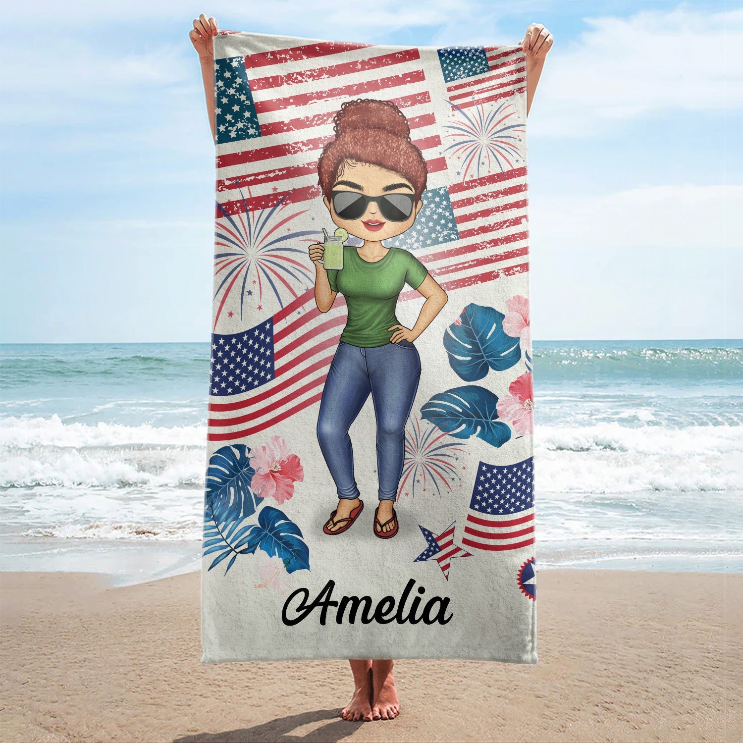 Chibi Traveling Beach Poolside Swimming Picnic Vacation Stars And Stripes - Birthday, Funny Gift For Her, Him, Besties, Family - Personalized Custom Beach Towel