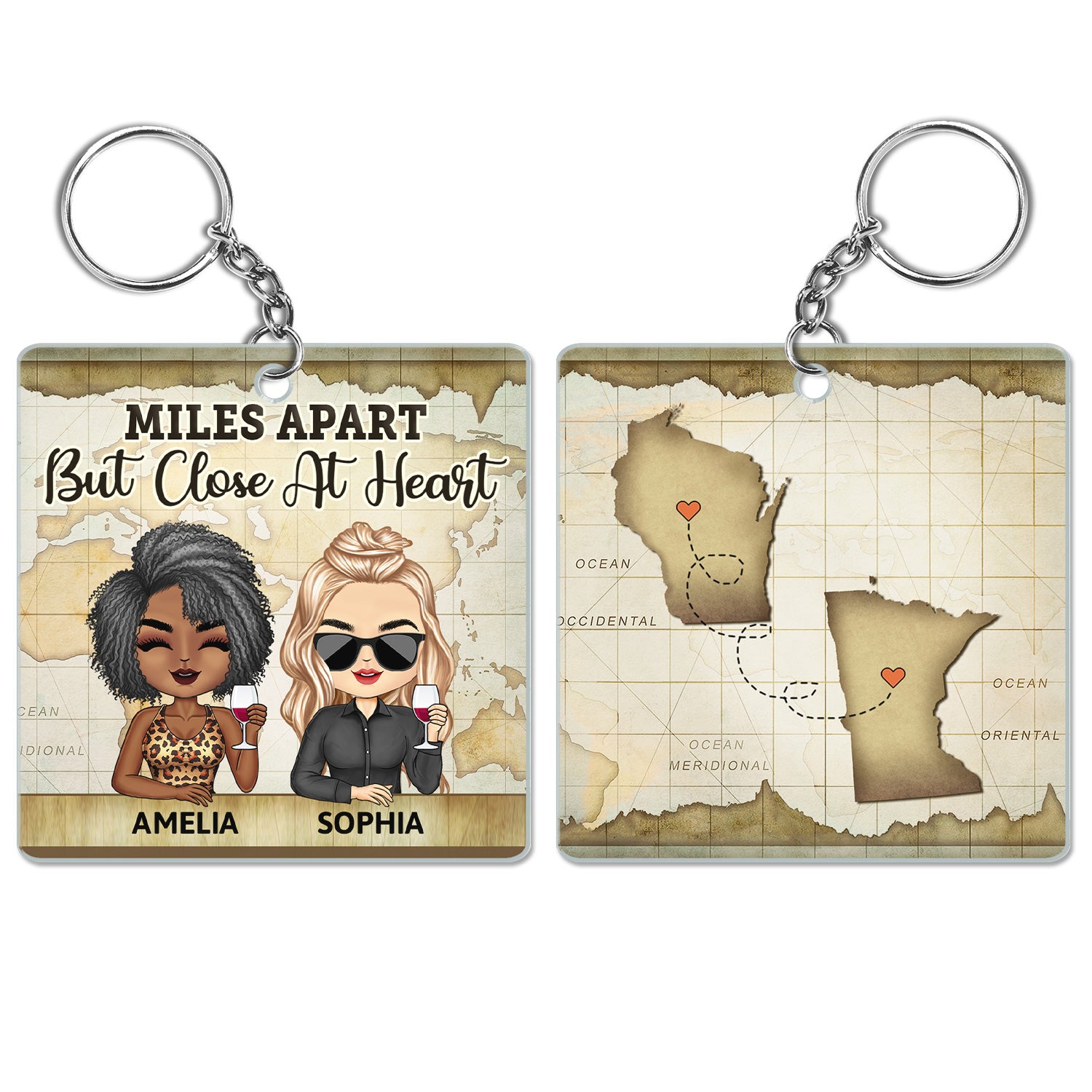 Miles Apart But Close At Heart - Birthday, Going Away Gifts For Besties, Siblings, Sisters, Brothers - Personalized Custom Acrylic Keychain