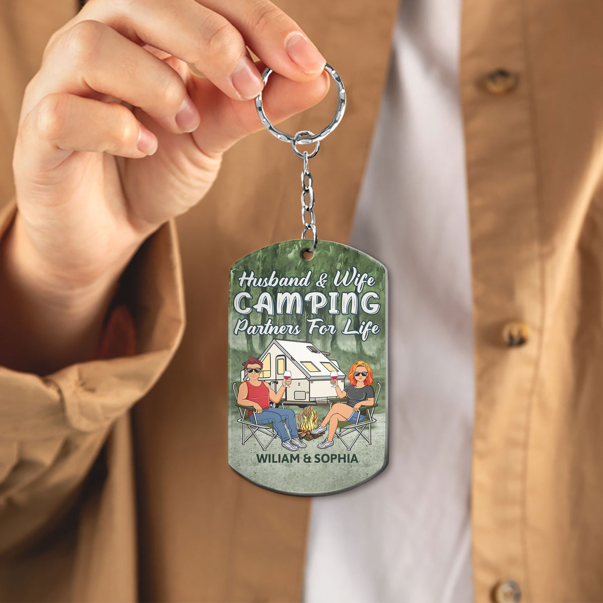 Happy camper caravan trailer park at twilight keychain