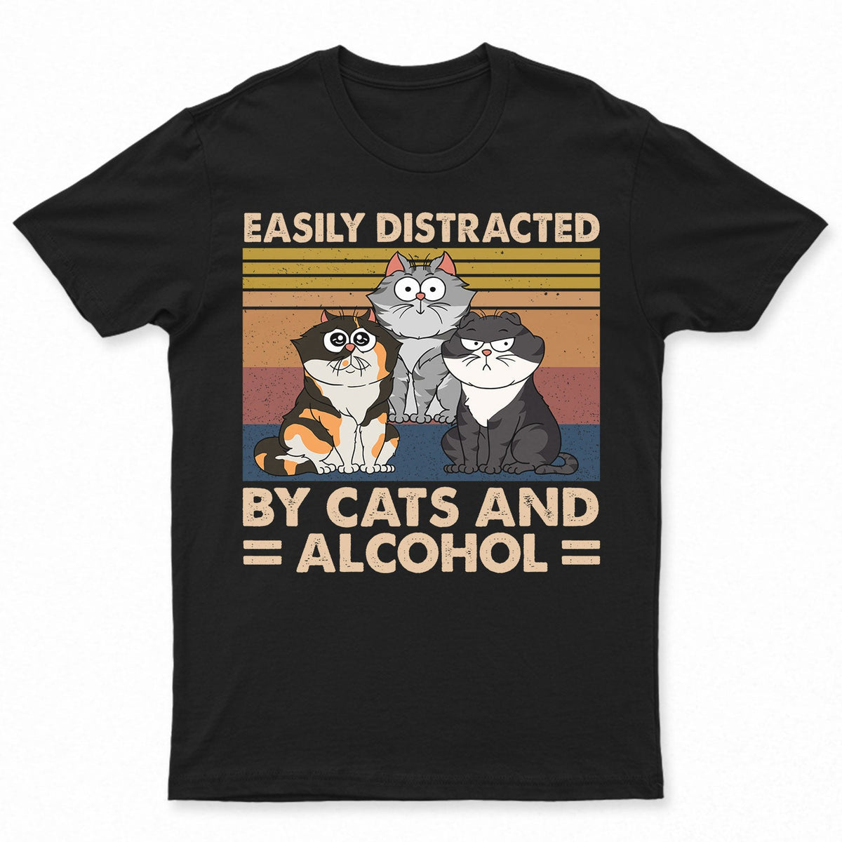 Chat de dessin animé amusant facilement distrait par les chats et l'alcool - Cadeau pour les amoureux des chats - T-shirt personnalisé