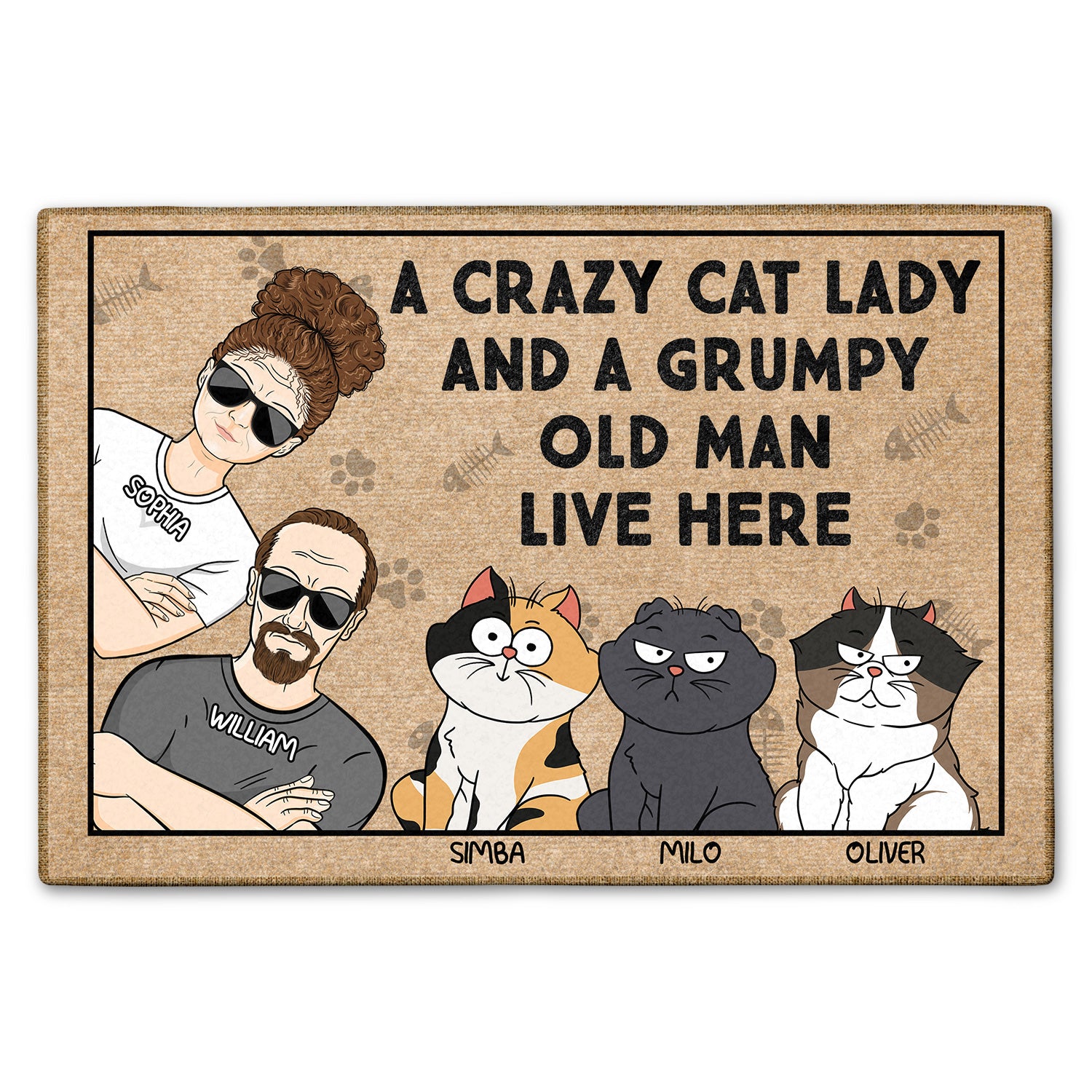 A Crazy Cat Lady And A Grumpy Old Man Live Here Funny Cartoon Cat - Gift For Cat Lovers, Couples - Personalized Doormat