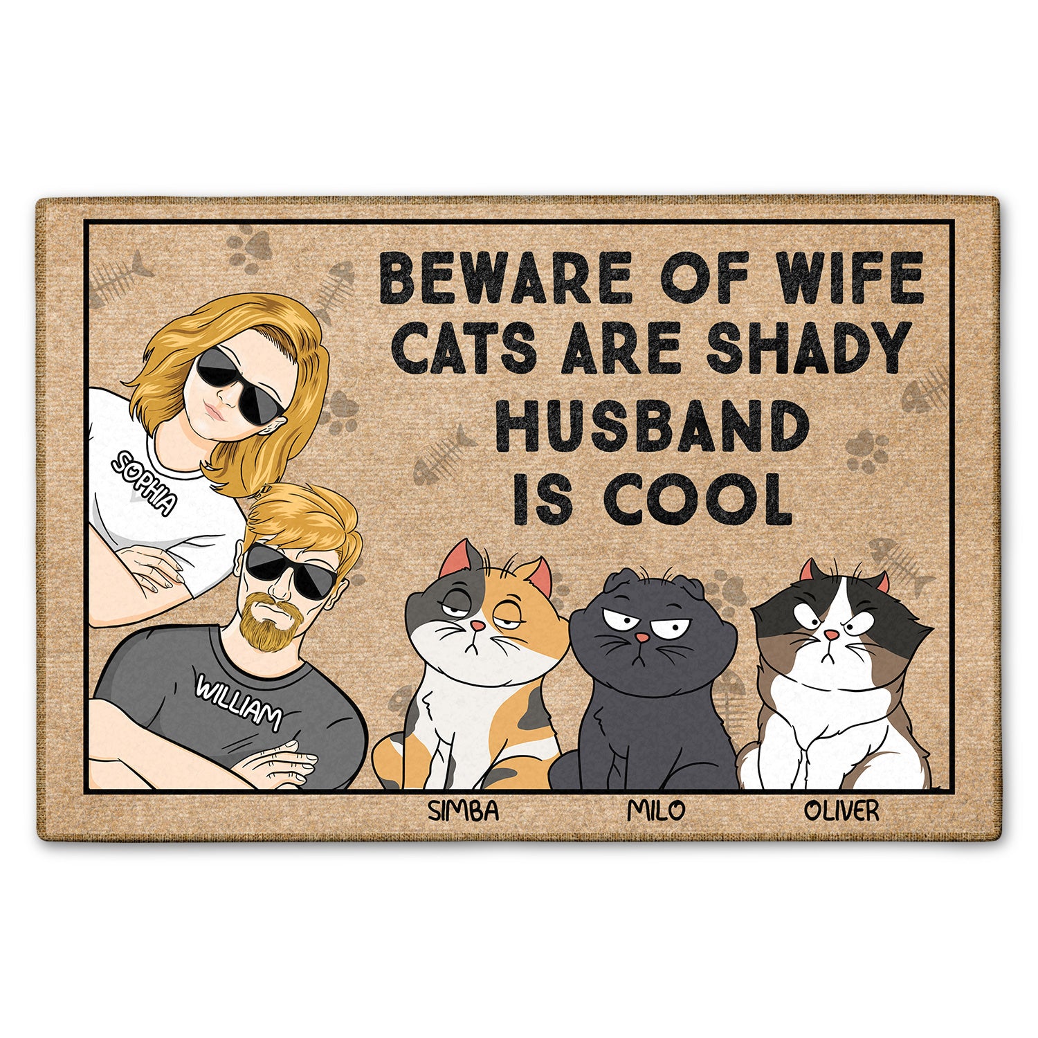 Beware Of Wife Cats Are Shady Husband Is Cool Funny Cartoon Cat - Gift For Cat Lovers, Couples - Personalized Doormat