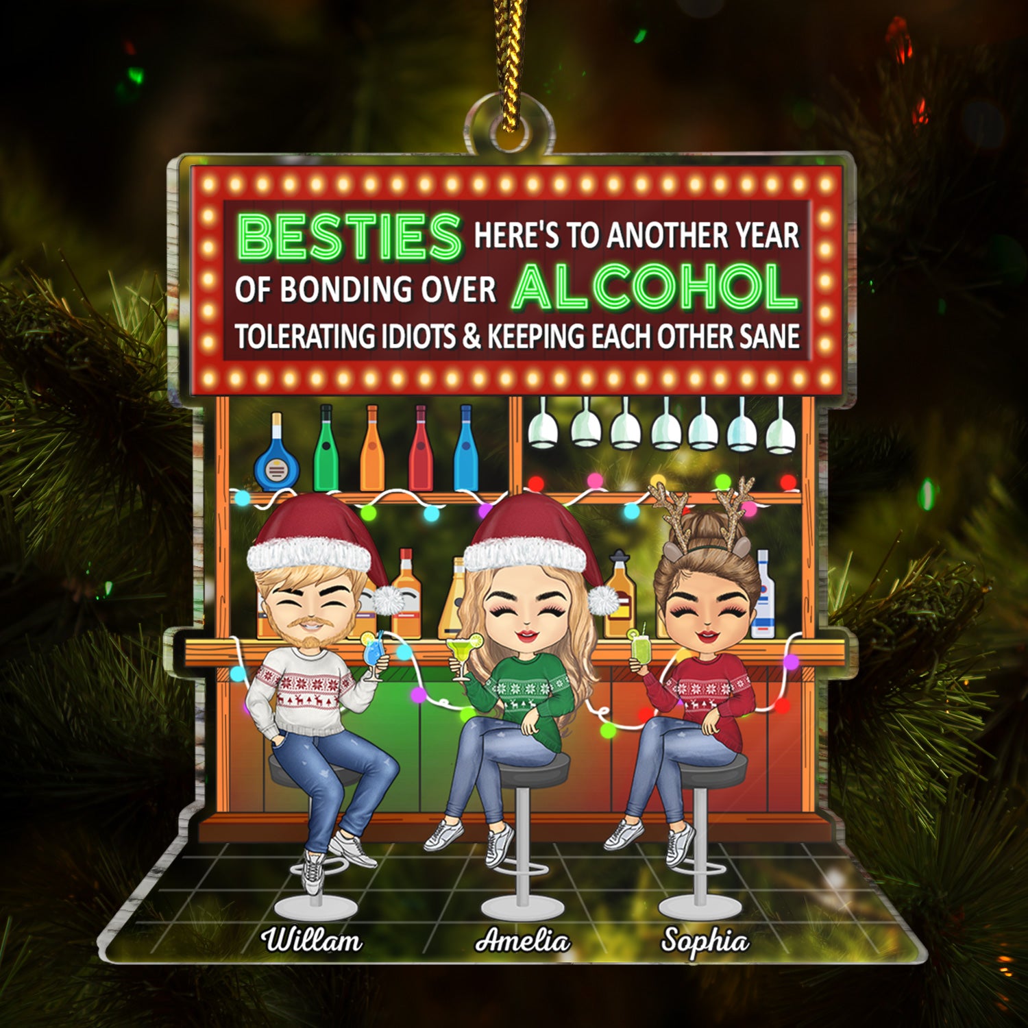 Here's To Another Year Of Bonding Over Alcohol Party Chibi - Christmas Gifts For Besties, Friends - Personalized Cutout Acrylic Ornament