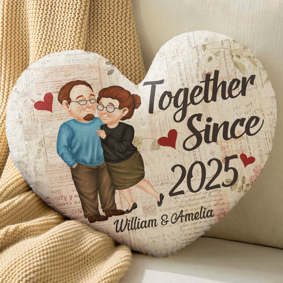Together Since Arm In Arm - Loving, Anniversary Gift For Couples, Husband, Wife - Personalized Heart Shaped Pillow