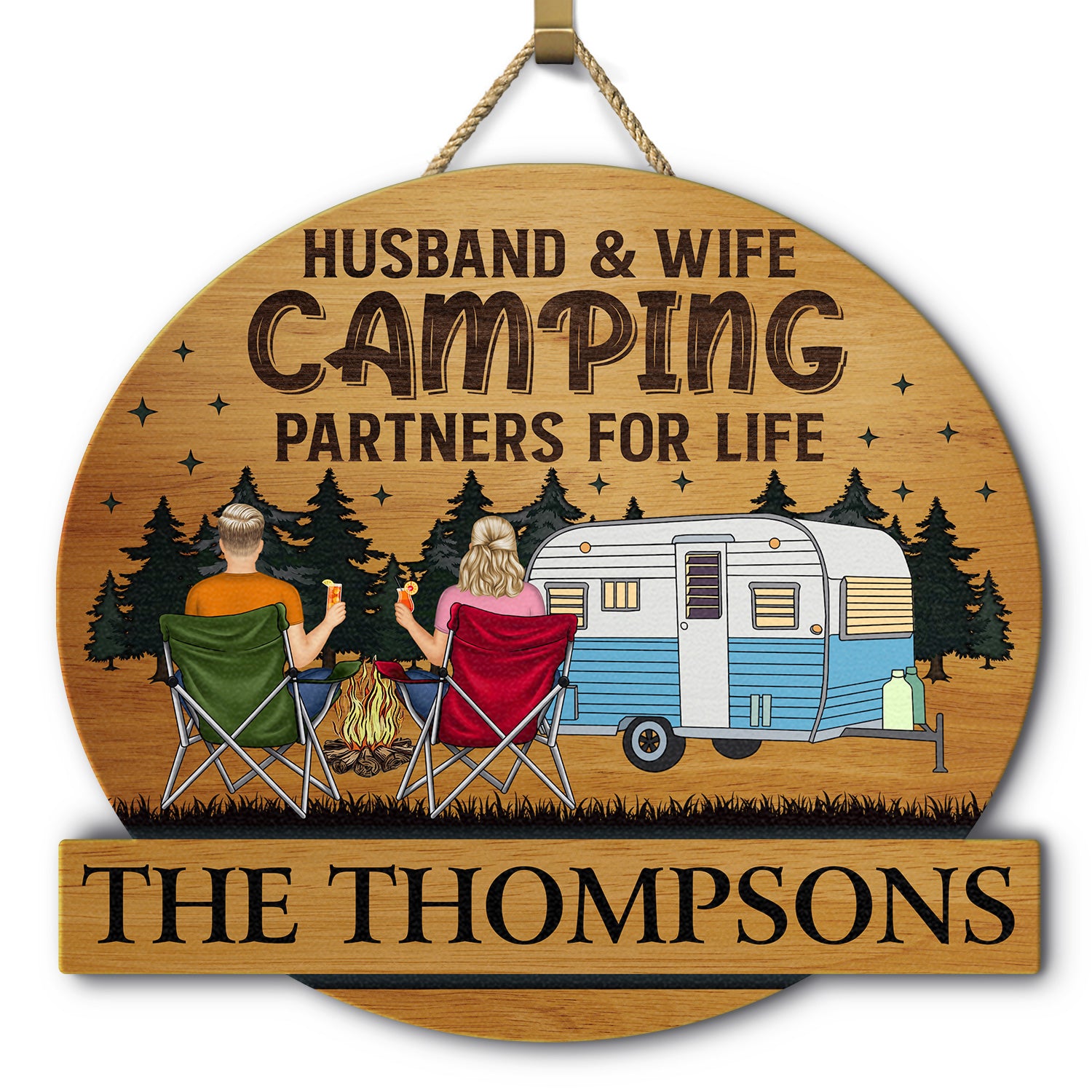 Camping Couple Backside Husband & Wife Camping Partners For Life - Anniversary, Vacation, Funny Gift For Campers - Personalized Custom Shaped Wood Sign