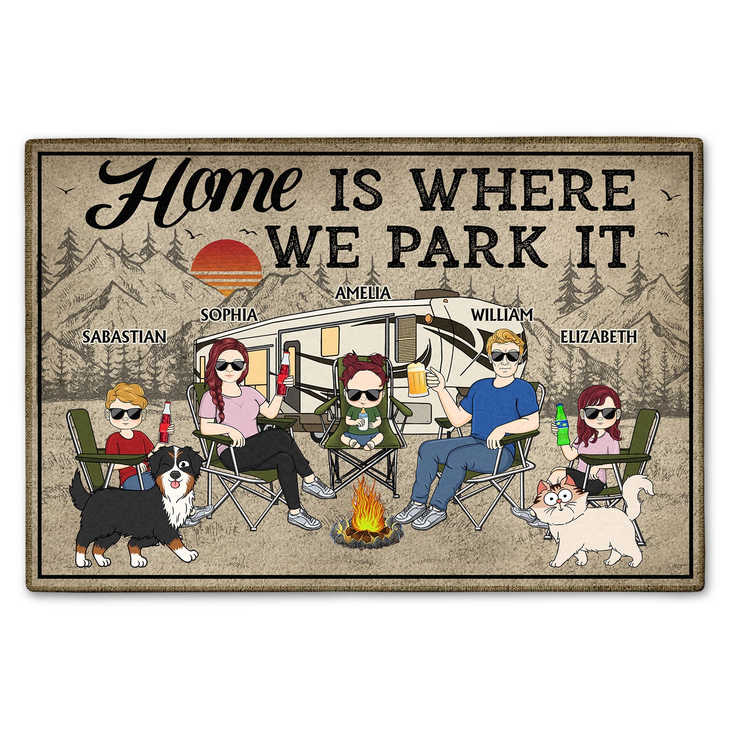 Home Is Where We Park It - Camping Gifts For Couples, Family, Campers, Dog Lovers, Cat Lovers - Personalized Doormat