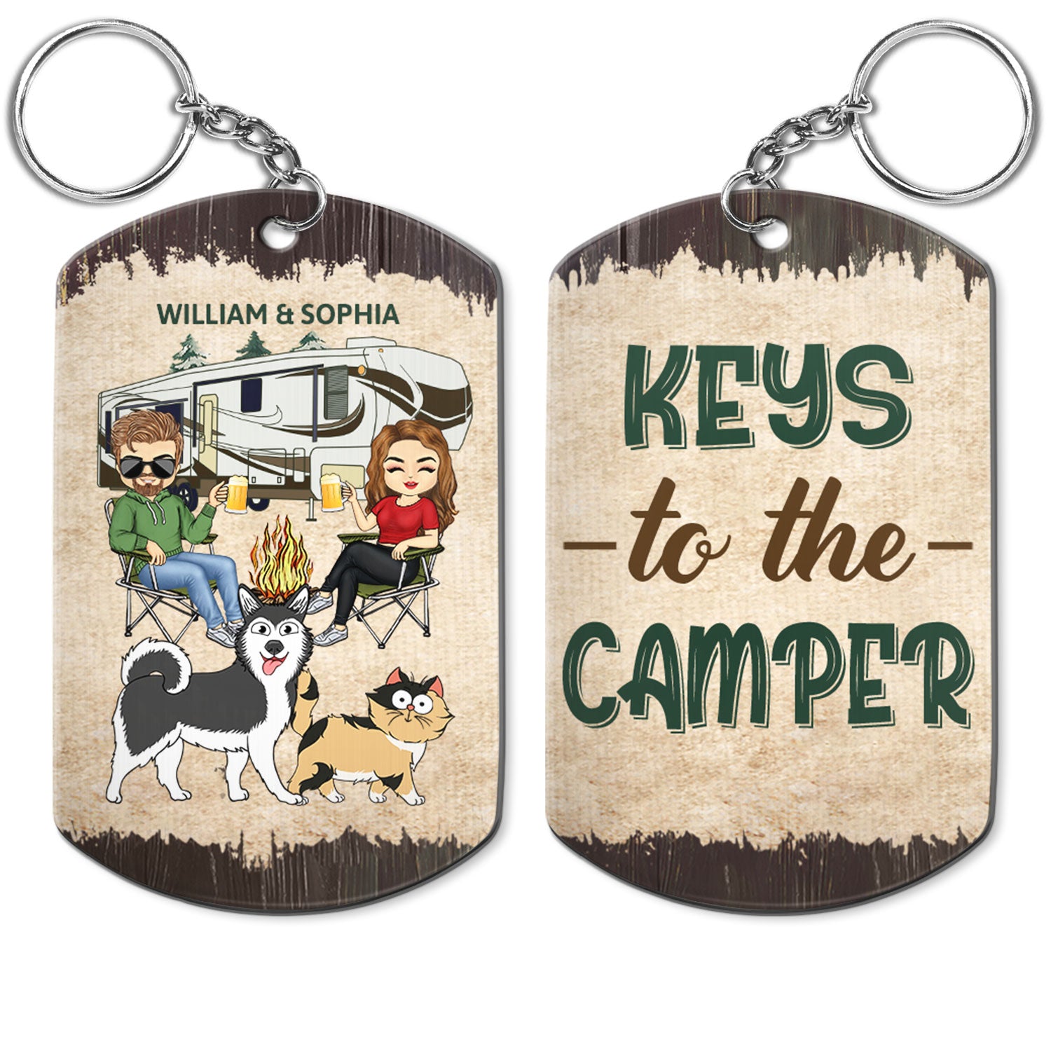 Keys To The Camper Walking Dog Cat - Anniversary, Loving Gifts For Couples, Camping Lovers - Personalized Aluminum Keychain