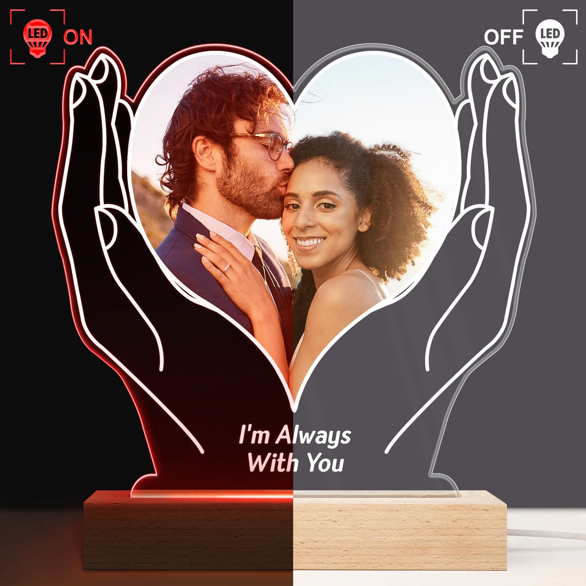 Photo personnalisée « Amour éternel » - Cadeau pour maman, papa, couples, amis, frères et sœurs, amoureux des chiens, amoureux des chats - Base en bois avec lumière LED 3D personnalisée