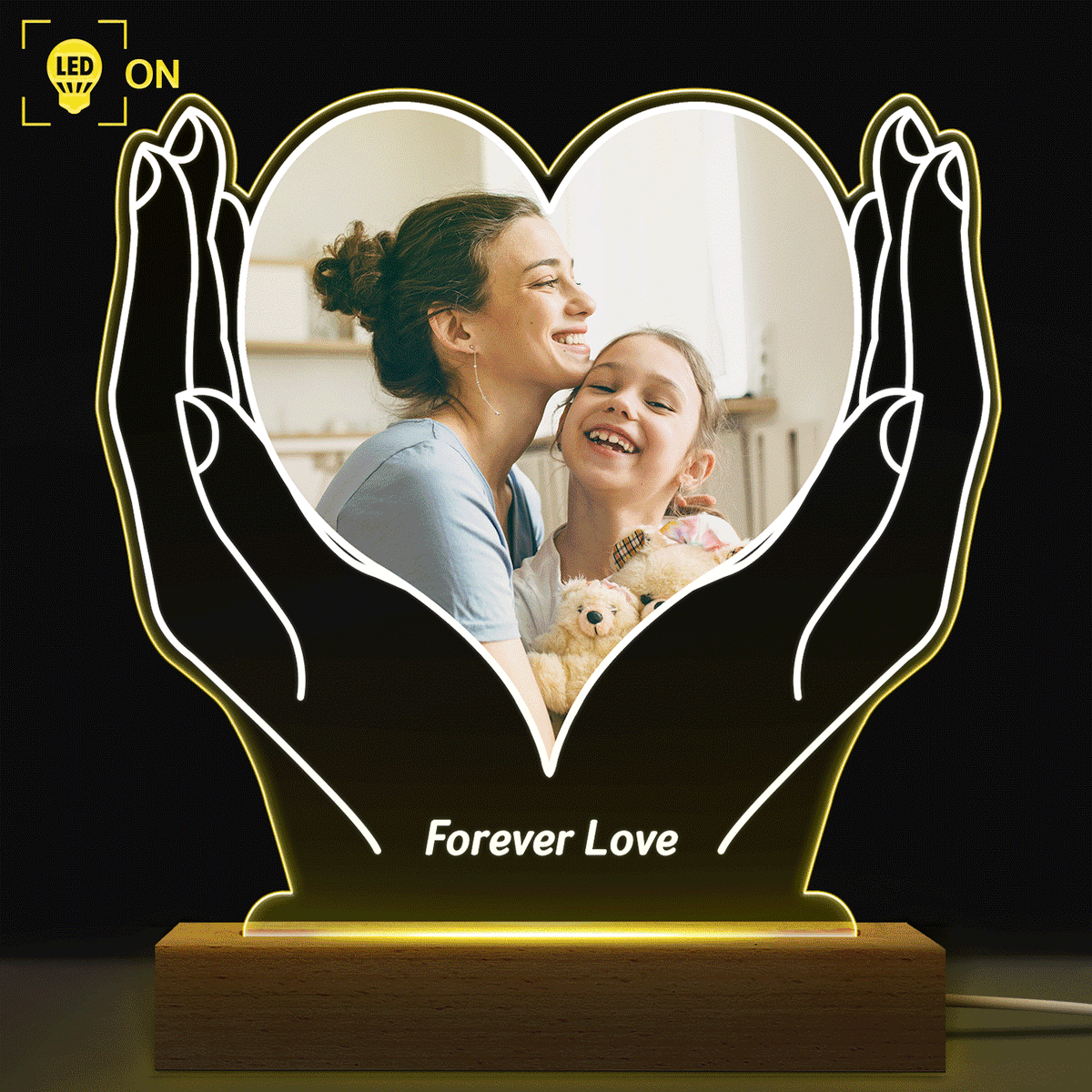 Photo personnalisée « Amour éternel » - Cadeau pour maman, papa, couples, amis, frères et sœurs, amoureux des chiens, amoureux des chats - Base en bois avec lumière LED 3D personnalisée