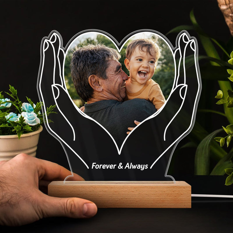 Photo personnalisée « Amour éternel » - Cadeau pour maman, papa, couples, amis, frères et sœurs, amoureux des chiens, amoureux des chats - Base en bois avec lumière LED 3D personnalisée
