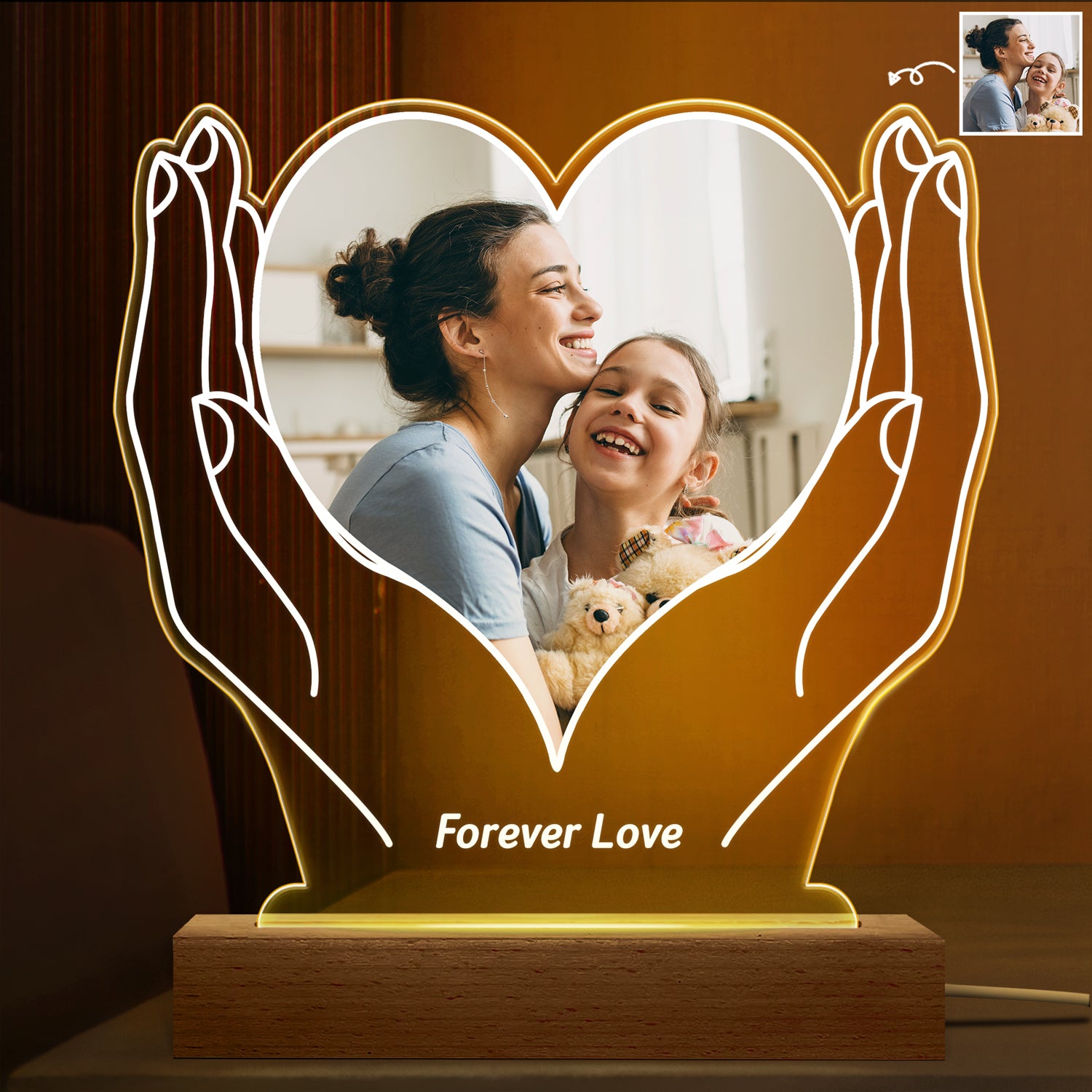 Custom Photo Forever Love - Gift For Mom, Dad, Couples, Besties, Sibling, Dog Lovers, Cat Lovers - Personalized 3D Led Light Wooden Base